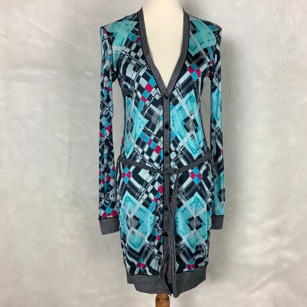 Custo Barcelona Belted Blue Argyle Plaid  Metallic Silver Mini Dress Tunic XS